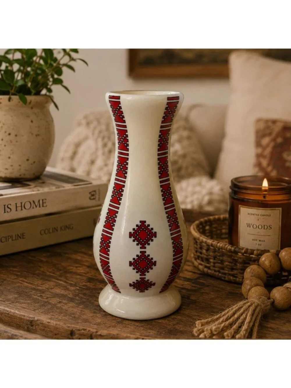 Ukrainian Ceramic Vase Red Embroidery Style Pattern 7 Inches Tall Made In Canada